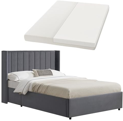 Juskys Polsterbett Savona 140x200 cm mit Matratze, Bett mit Stauraum, Samt-Bezug, Bettgestell aus Holz, bis 250 kg, großes Kopfteil, Dunkelgrau