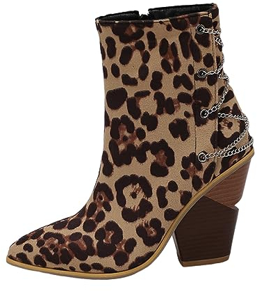 Stiefeletten Damen Mit Absatz Metalldekoration, Farbblockierung, bequem, klobiger Absatz, mittlere Wade, spitze Zehen, große Stiefel, Stiefeletten, kurze Stiefel Spann (C-Coffee, 42)