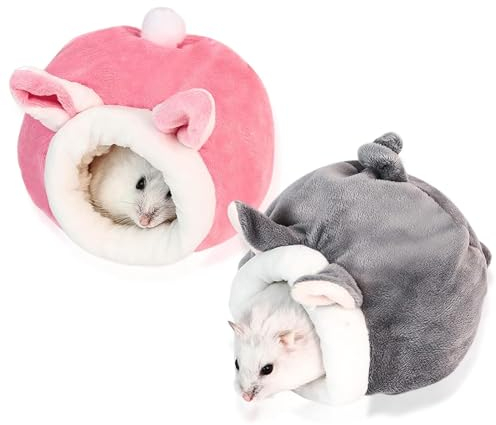 Hyxodjy 2 Stück Hamster Baumwollnest,Meerschweinchen Bett Hamster-Winter-Wärme-Baumwollnest Kaninchenhöhle Winter Kuschelhöhle für Meerschweinchen Frettchen Igel Chinchilla (Grau+Rosa)