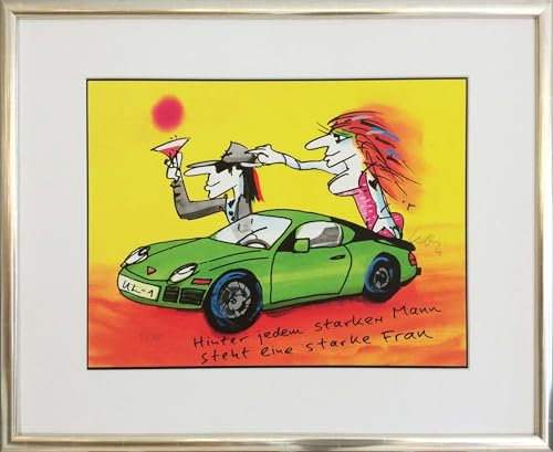 Hinter jedem starken Mann steht eine starke Frau - Udo Lindenberg Bild - handsignierte Auflage original Grafik im silberfarbenem Rahmen hinter Museumsglas. Likörell. Siebdruck.