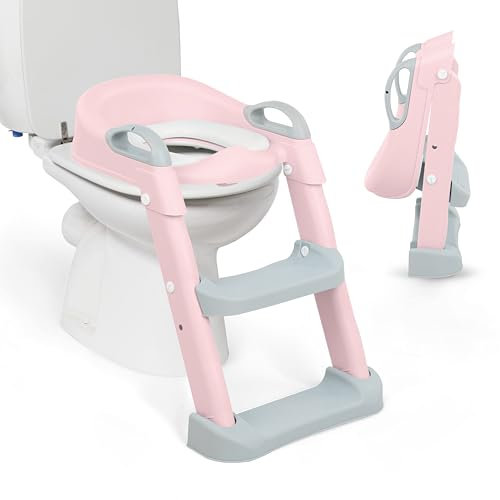 KikkaBoo Toilettensitz für Kinder mit Treppe LEA, Toilettentrainer, Zusammenklappbar & einstellbar, anatomischer Aufbau, Weiche, Herausnehmbare Polsterung, Griffe, Rutschfest, 18+ Monaten, Rosa