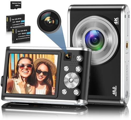 Digital Camera, 4K Autofocus Digital Camera with 32G SD Card Front and Rear Dual Cameras, HD 48MP with 2.8 Large Screen, 16X Digital Zoom, Rechargeable Compact Camera for Beginners (Black)