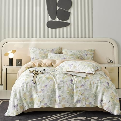 Tospass Bettwäsche 135x200 cm Blumen Muster Pflanzen Blätter Beige Grün Floral Bettwäsche Set Mädchen Bettbezug Mikrofaser Wende Bettwäsche 1 Deckenbezug mit Reißverschluss 1 Kissenbezug 80x80 cm