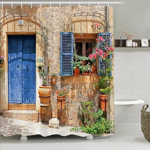 Simpomsy 3D Garden Shower Curtain, Fresh Plant Countrylife Style Retro Old Stone Wall Floral Basket Door Scenery with Green Plants, Scenery Bathroom Decoration Curtains with Hook 180x180cm