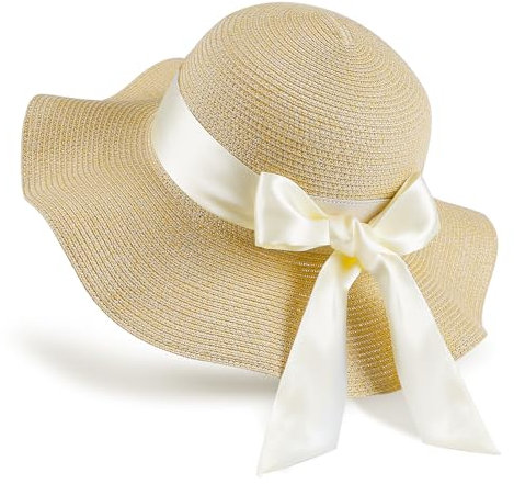 GNEGNI LIFE Floppy Straw Hat, Women Wide Brim Sun Hat Foldable Summer Beach Sun Protection UPF 50+ (Cream Yellow & Beige Ribbon)
