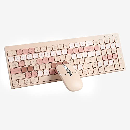 Clavier et Souris sans Fil, 2,4 G Double Mode,Disposition QWERTY Clavier Bluetooth Rechargeable avec Affichage de L'alimentation, Windows, Ordinateur de Bureau, Pc, Ordinateur Portable (Thé Au Lait)