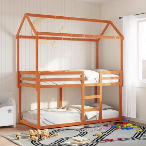 NQJIBUE Beds & Accessories Etagenbett mit Dach gewachst braun 75x190 cm Massivholz Kiefer Betten & Bettrahmen