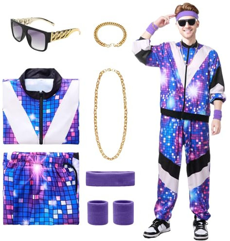Angenster 70er Jahre Disco Anzug für Herren Set, Kostüm Trainingsanzug 80er Jahre Outfit mit Brillen und Armbänder Halsketten Disco Accessoires, Jogginganzug Faschingskostüme (Violett, XXL)