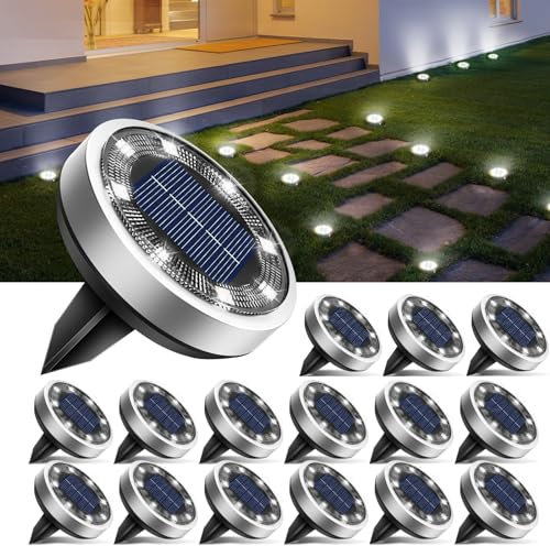 btfarm Lot de 16 Lampe Solaire Au Sol, 8 LED Jardin Exterieur Solaire Etanche IP65 Lumiere Solaire, Spot Solaire Extérieur pour Chemins Pelouse Terrasse Allée Cour Piscine, Blanc Froid