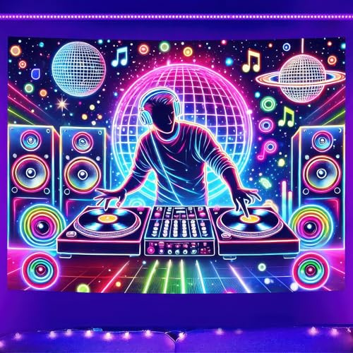 BlissYard Schwarzlicht-Wandteppich, DJing, Schwarzlicht, hängender Hintergrund, DJ-Musik, leuchtet im Dunkeln, Poster, Hippie-Wandbild, UV-Wandteppich für Schlafzimmer, Dekoration, Wohnzimmer