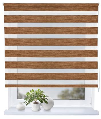 Rollmayer Doppelrollo mit Bohren Schraubmontage Holzlook Gold B145 x H130cm | Fensterrollo Duo Rollo Sonnenschutzrollo Zebrarollo Seitenzugrollo fur Fenster und Tur