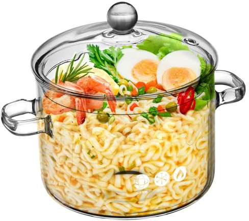Garneck Pentola in vetro con coperchio, resistente al calore, 1-9 l, per tutti i piani cottura, ideale per cucinare e servire, pentola trasparente per idee da cucina creative