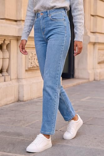 Roman Originals Stretch Straight Leg Jeans for Women UK - Ladies Cotton Denim Trousers Stretchy Office Work Casual Smart High Rise Elasticated Waist Regular Cut Pants - Petite Denim - Size 10
