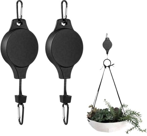 OUDQFCJ 2 Stück Seilrolle Ampelaufzug Pflanzenlift Einziehbarer, Blumenkorb-Haken, Verstellbarer Pull Down Aufhänger Haken Pflanzen Halter für Vogelhaus Blumenampel
