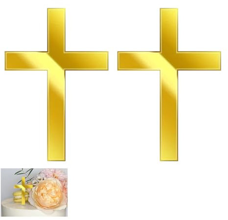 2 Pcs Christening Cake Topper,Holy Communion Cakes Decorations Personalized Baptism Decoration Gold Confirmation Bless Cross Toppers,for Birthday Party Wedding DIY Supplies Customised Cupcake Toppers