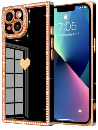 Urarssa for iphone 13 Case Rectangle, with Glitter Diamonds, Black | Bling Sparkly Case with Cute Heart Pattern for Women Girls, Full Camera Protection Glossy Soft TPU Bumper Shockproof Cover