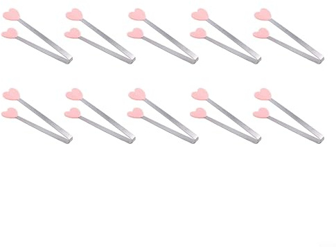 10 x herzförmige Mini-Zange zum Kochen und Grillen, mit hitzebeständigen Silikonspitzen (Rosa)