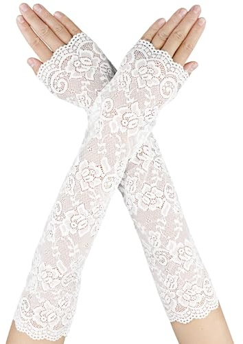 DIVINA VITAE Fingerlose Spitzenhandschuhe Damen, Lange Weiße Spitzen Handschuhe, Lace Gloves mit Blumenmuster für Brautparty, Abschlussballkleid, Oper