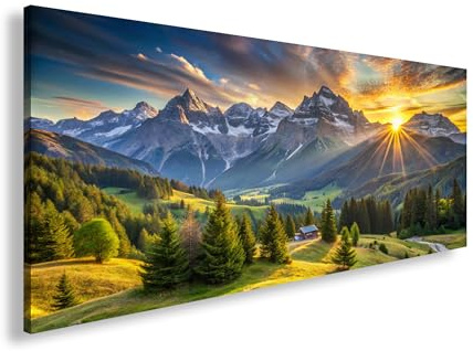Leinwandbild Sonnenaufgang küsst die majestätischen Alpen Panorama 100x50cm XXL Wandbild auf Keilrahmen/Kunstdruck/Bild Wohnzimmer Dekoration