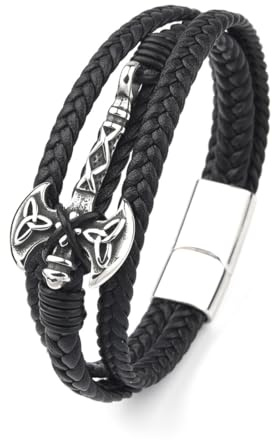 ZQIUDLOF European And American Odin Axe Stainless Steel Bracelet, Men's Celtic Knot Woven Multi-Layer Bracelet,Black,21cm