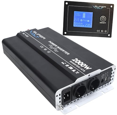 Supervolt Wechselrichter 12V auf 230V 2000W Reiner Sinus mit Netzvorrangschaltung & FI-Schutz | Für empfindliche Geräte | Mit Fernbedienung, USB & Schuko-Dosen | Ideal für Wohnmobil, Boot, Offgrid