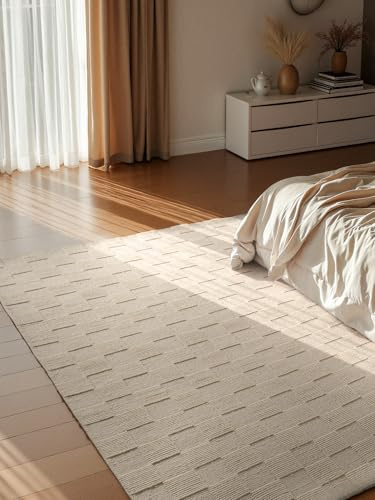 Villeroy & Boch Wollteppich Scala - Natur Wohnzimmerteppich - Handgewebt & Natürlich - Wolle 3D Effekt Kariert Hoch-Tief-Effekt für Wohnzimmer, Schlafzimmer, Esszimmer, Flur - Natur Weiß, 120x170cm