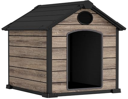 Hoggar - Hundehütte für den Außenbereich - 102 x 115 x 105 cm - inklusive Boden - 2 Belüftungsöffnungen - UV-Schutz und wasserdicht - Holzoptik - Innenhaus Oak O10 aus Harz für Haustiere