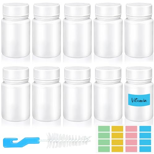 Mispudin 50ml Medicine Bottles, 10 Pcs White Pill Bottles with Labels | Cleaning Brush, Empty Plastic Tablet Bottles, Reusable, for Pills, Liquids, Solids, Powders