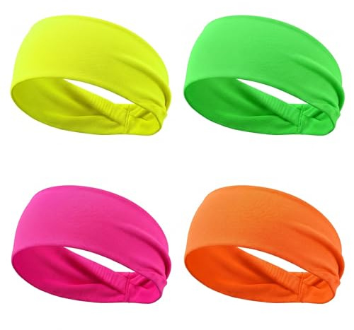 Mabor Lot de 4 bandeaux fluo pour femme - Style rétro des années 80 et 90 - Élastiques antidérapants - Séchage rapide - Vert vif, jaune, orange, rose