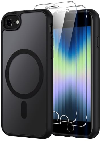 Oelrstfe Coque pour iPhone SE 3/2 (2022/2020) iPhone 8/7 Compatible avec MagSafe avec 2 Verre Trempé, Magnétique Etui Translucide Mat Arrière Housse, Protection D'objectif Fine Antichoc Case, Noir