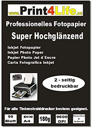 P4L – 50 Blatt Fotopapier BEIDSEITIG DIN A4, 180g/qm, high -glossy (hoch-glänzend) -sofort trocken -wasserfest-hochweiß-sehr hohe Farbbrillianz, für InkJet Drucker (Tintenstrahldrucker)