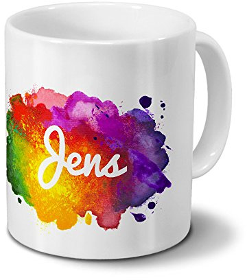 Tasse mit Namen Jens - Motiv Color Paint - Namenstasse, Kaffeebecher, Mug, Becher, Kaffeetasse - Farbe Weiß