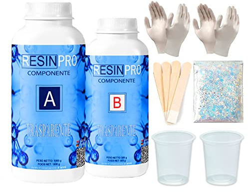 Resin Pro 1,6 Kg Kit de Resina Epoxi Transparente + Set de Utensilos, Guantes, Bastones de mezcla, vasos, efecto agua para creaciones artìsticas