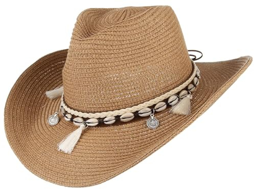 GEMVIE Women's Summer Straw Cowboy Cowgirl Hat Sun Hats Wide Brim Beach Holiday Straw Hat with Shell Band-Khaki