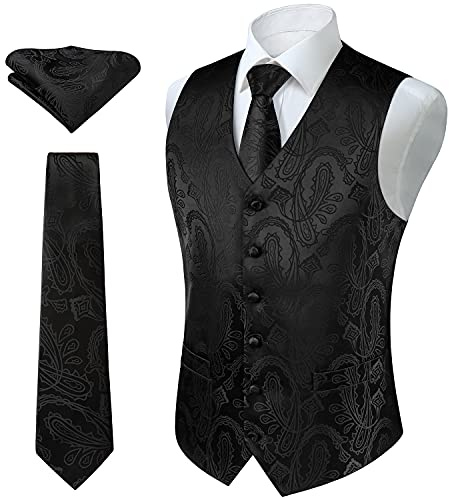 Enlision Waistcoats for Men Wedding Paisley Waistcoat Floral Jacquard Necktie Pocket Square Party Formal Vest Suit Set S-6XL