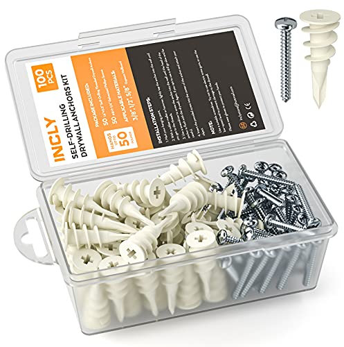 INCLY 100 PCS Plasterboard Fixings with Screws & Raw Plugs, Heavy Duty Plasterboard Wall Plug with Drywall Anchors Screws for Cavity Hollow Wall Hanging Stuff with Assorted Case