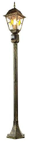 Licht-Erlebnisse Wegeleuchte mit Bewegungsmelder Aluminium Glas in Gold Antik IP44 Garten Weg 112 cm hoch E27 Tiffany Laterne Stehlampe SALZBURG