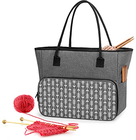 Yarwo Knitting Tote Bag with Pockets for WIP Projects, Yarn Storage Organizer Bag for 14”/35.5cm Knitting Needles, Yarn, Crochet Hooks or Other Accessories, Grey with Arrow Pattern
