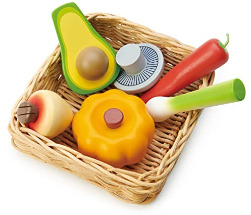 Tender Leaf Toys Veggie Basket - Play Food in a Wicker Basket Perfect For Children Shopping Day Roleplay and Pretend Play