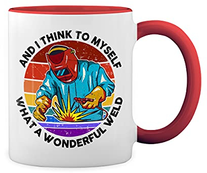 Retro And I think to myself what a wonderful weld Hot rods worldwide Weiße Tasse Mug mit roten Felgen und Griff
