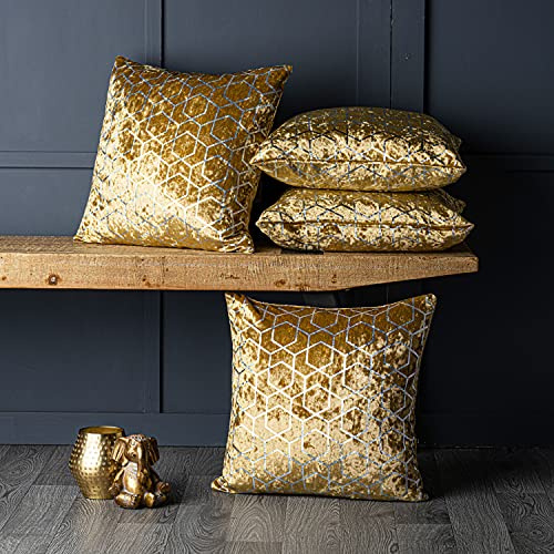 Red Rainbow Luxury Metallic Gold Crushed Velvet Geometric Cushion Covers, 18 x 18, Set of 4