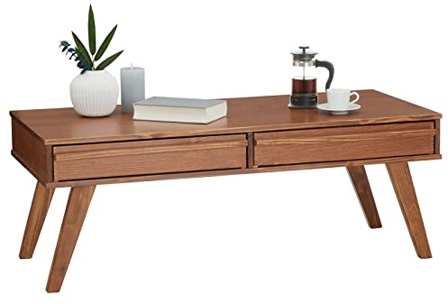 IDIMEX Couchtisch Jona mit 2 Schubladen im Skandi Look, moderner Beistelltisch mit Holzfüßen, eleganter Sofatisch aus massiver Kiefer in Kastanie