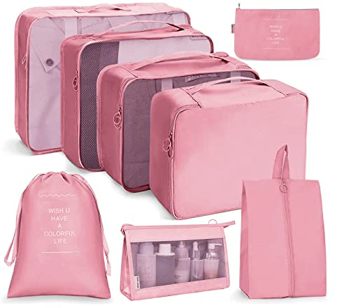 OSDUE Koffer Organizer Set 8-teilig, Packing Cubes, Wasserdichte Reise Kleidertaschen, Packtaschen für koffer, Verpackungswürfel mit Kosmetiktasche, Schuhbeutel, USB Kabel Tasche (Rosa)