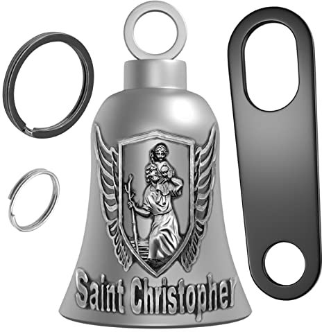 Yuchew Motorrad-Schlüsselanhänger mit St. Christophorus, Glücksglocke, Biker-Auto-Schlüsselanhänger, Zubehör mit Motorradglockenaufhänger, silberfarben antik-optik, Medium, Antik