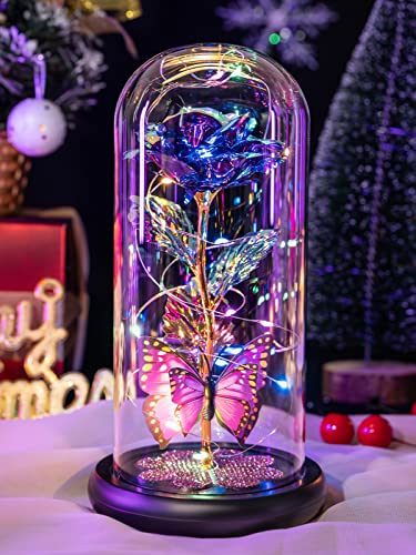 Rose galaxie éternelle en verre pour la fête des mères dans un dôme en verre avec papillon, anniversaire, fête des mères, cadeau pour femme, maman, épouse, sœur, fille - Violet