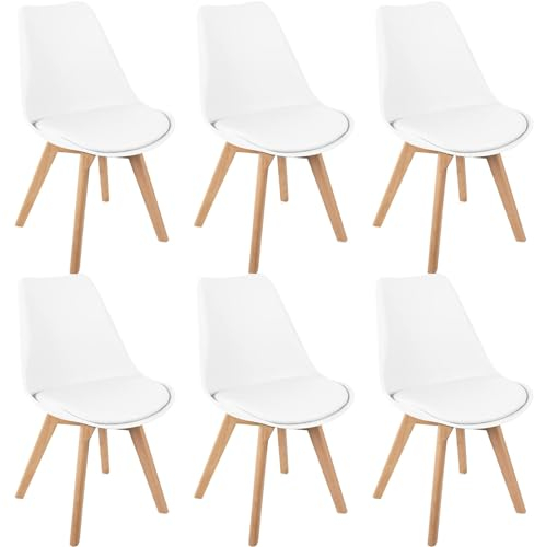HJhomeheart Juego de 6 Sillas de Comedor, Patas de Madera Maciza, Cojín de Silla Extraíble, Silla de Cocina, Silla Moderna (Blanco-6)