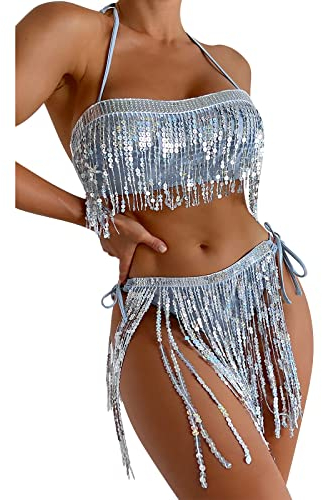 Damen Rave Outfit Quaste Bikini Set Badeanzug Holografische BH Oberteil Slip Triangel Bikinihose Pailletten Fransenrock Festival Disco Tanz Clubwear Halloween Motto Party Fasching Kostüm Hellblau S