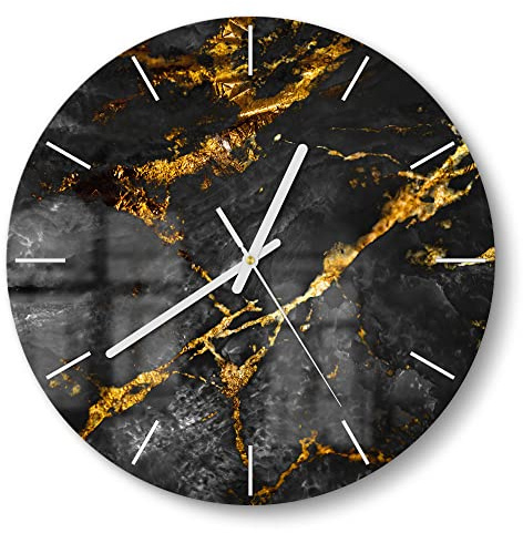 DEQORI Glasuhr | rund Ø 30 cm | Motiv Veredelter Naturstein | ausgefallene leise Design Uhr aus Glas | Wanduhr für Wohnzimmer & Küche | moderne Hingucker Uhr für die Wand