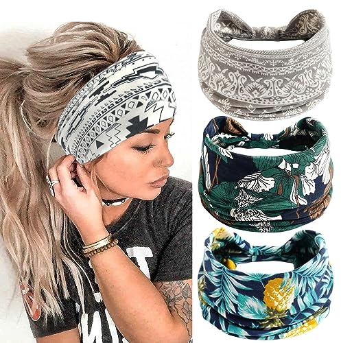scicent Haarband 3 Stück Boho Damen Elastische Stirnband Sommer Breite Haarbänder Kopfband Mit Geknotetes Für Frauen Mädchen Alltag Makeup, Yoga, Sport Haarschmuck Mehrfarbig, 14338