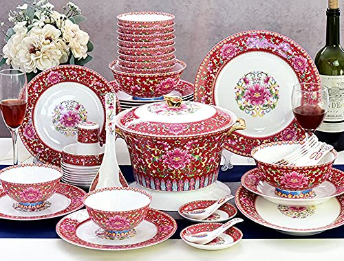 Set di stoviglie smaltate, 48 pezzi di piatti e ciotole in ceramica con piatti piani, piatti di insalata, ciotole, ideali per occasioni speciali o tutti i giorni,rosso (rosso)